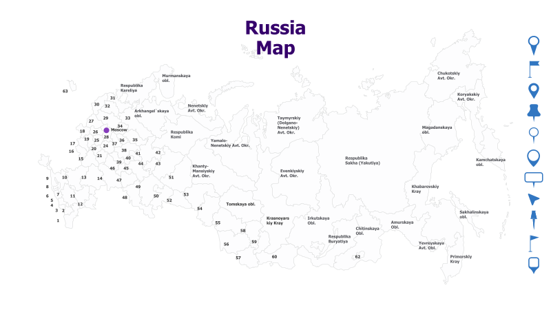 Russia Map with 63 Locations
