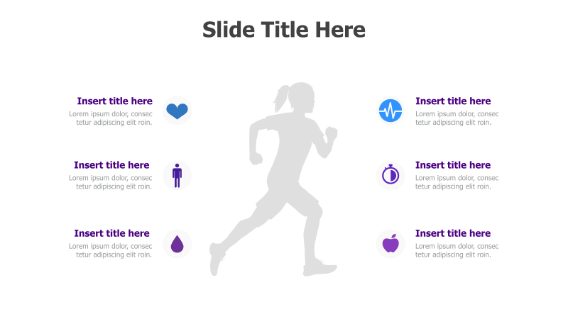 6 Points with Healthcare Icons Around Running Woman